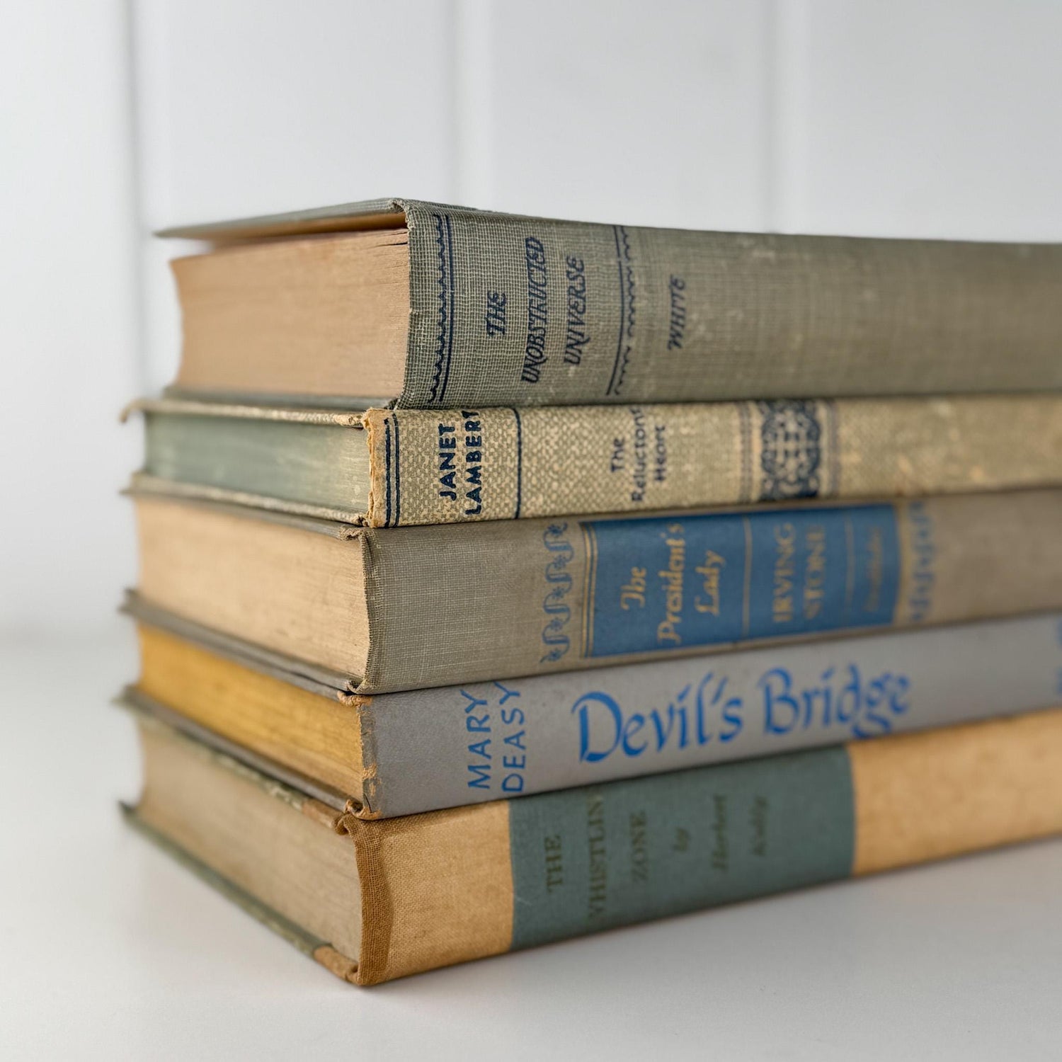 Decorative Cozy Beige, Gray, and Blue Vintage Books for Decor, Bookshelf Decor - Pretty Old Books