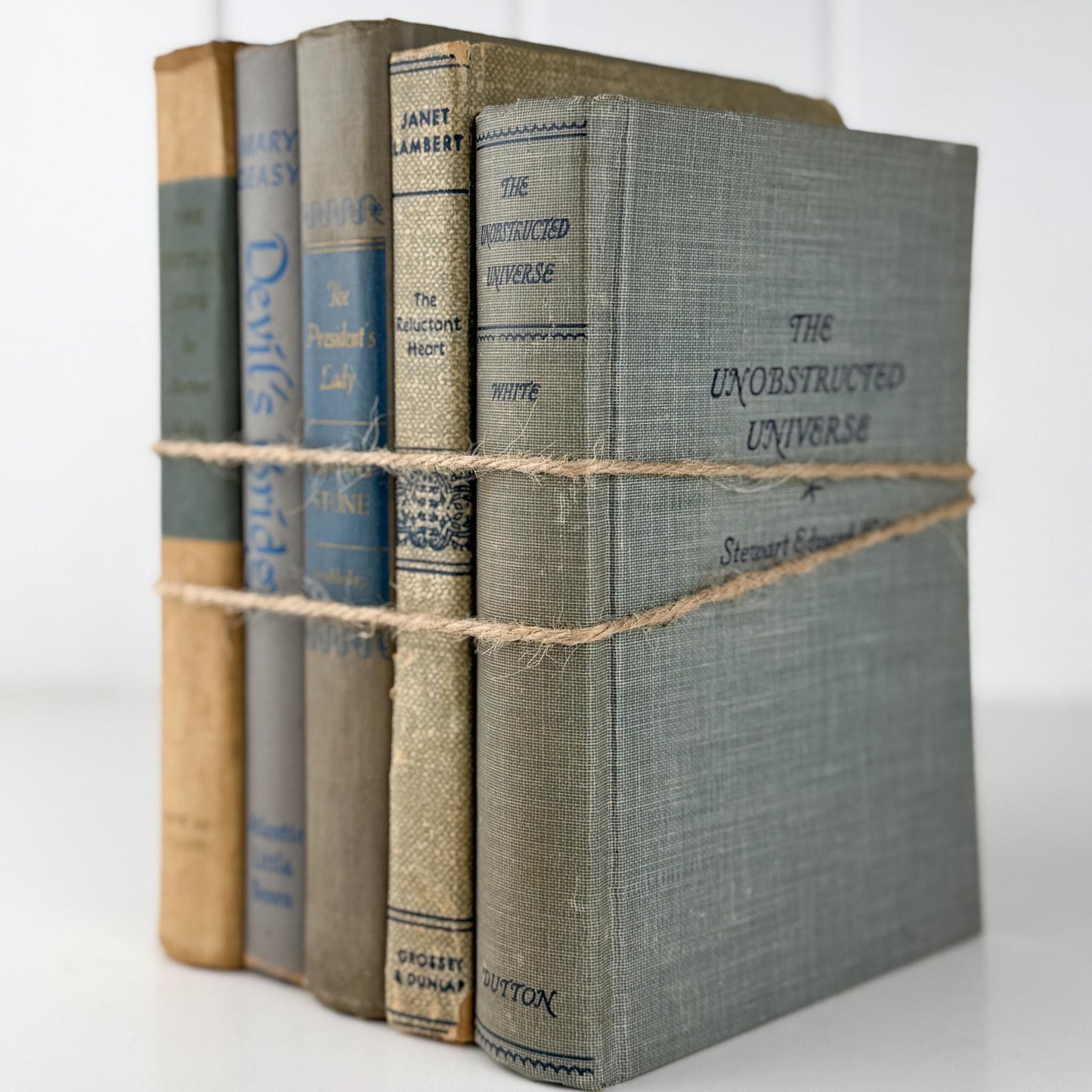 Decorative Cozy Beige, Gray, and Blue Vintage Books for Decor, Bookshelf Decor - Pretty Old Books