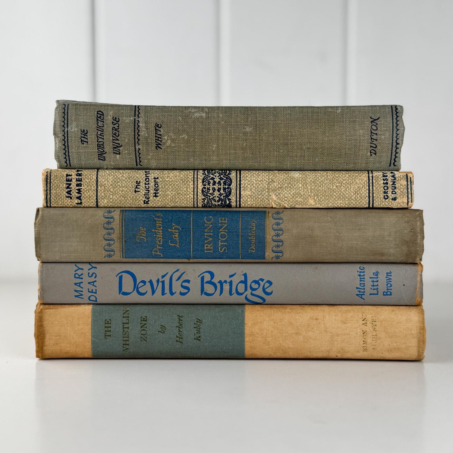 Decorative Cozy Beige, Gray, and Blue Vintage Books for Decor, Bookshelf Decor - Pretty Old Books
