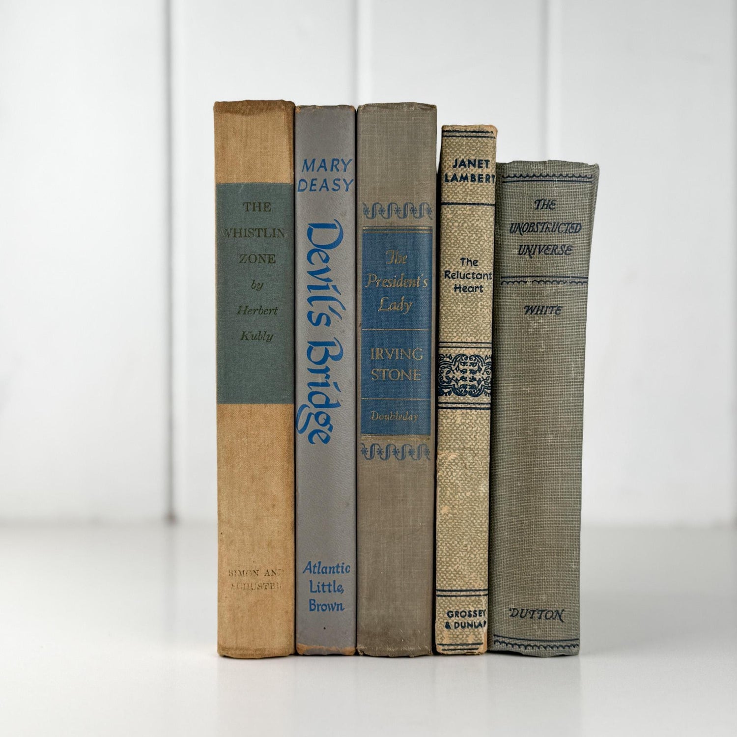 Decorative Cozy Beige, Gray, and Blue Vintage Books for Decor, Bookshelf Decor - Pretty Old Books
