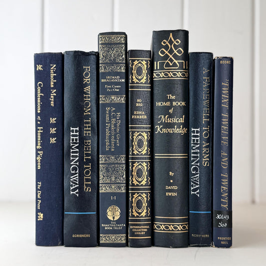 Decorative Navy Blue and Gold Vintage Book Set for Shelf Styling - Pretty Old Books