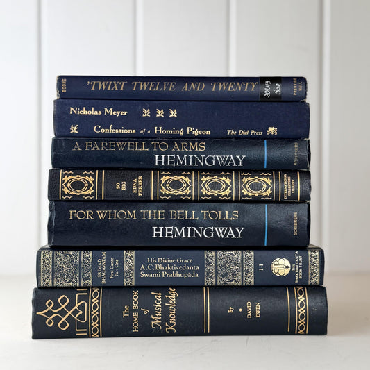 Decorative Navy Blue and Gold Vintage Book Set for Shelf Styling - Pretty Old Books