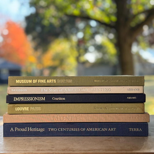 Decorative Vintage Fine Arts Coffee Table Book Set in Muted Navy, Beige, Olive - Pretty Old Books