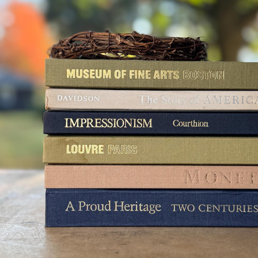 Decorative Vintage Fine Arts Coffee Table Book Set in Muted Navy, Beige, Olive - Pretty Old Books