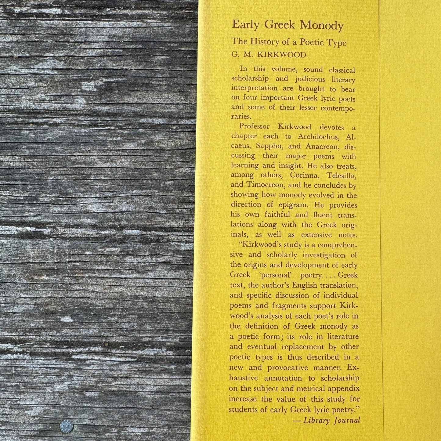 Early Greek Monody: The History of a Poetic Type, G. M. Kirkwood, 1974 - Pretty Old Books