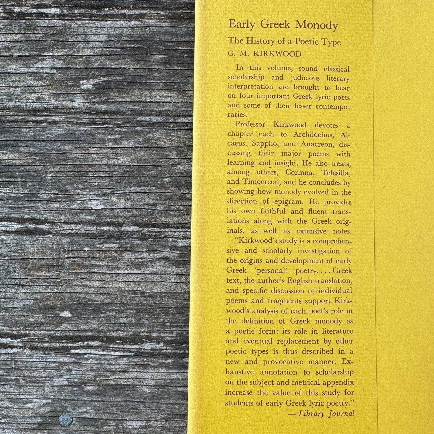 Early Greek Monody: The History of a Poetic Type, G. M. Kirkwood, 1974 - Pretty Old Books