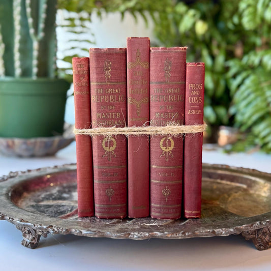 Faded Maroon Vintage Book Set for Shelf Styling - Pretty Old Books