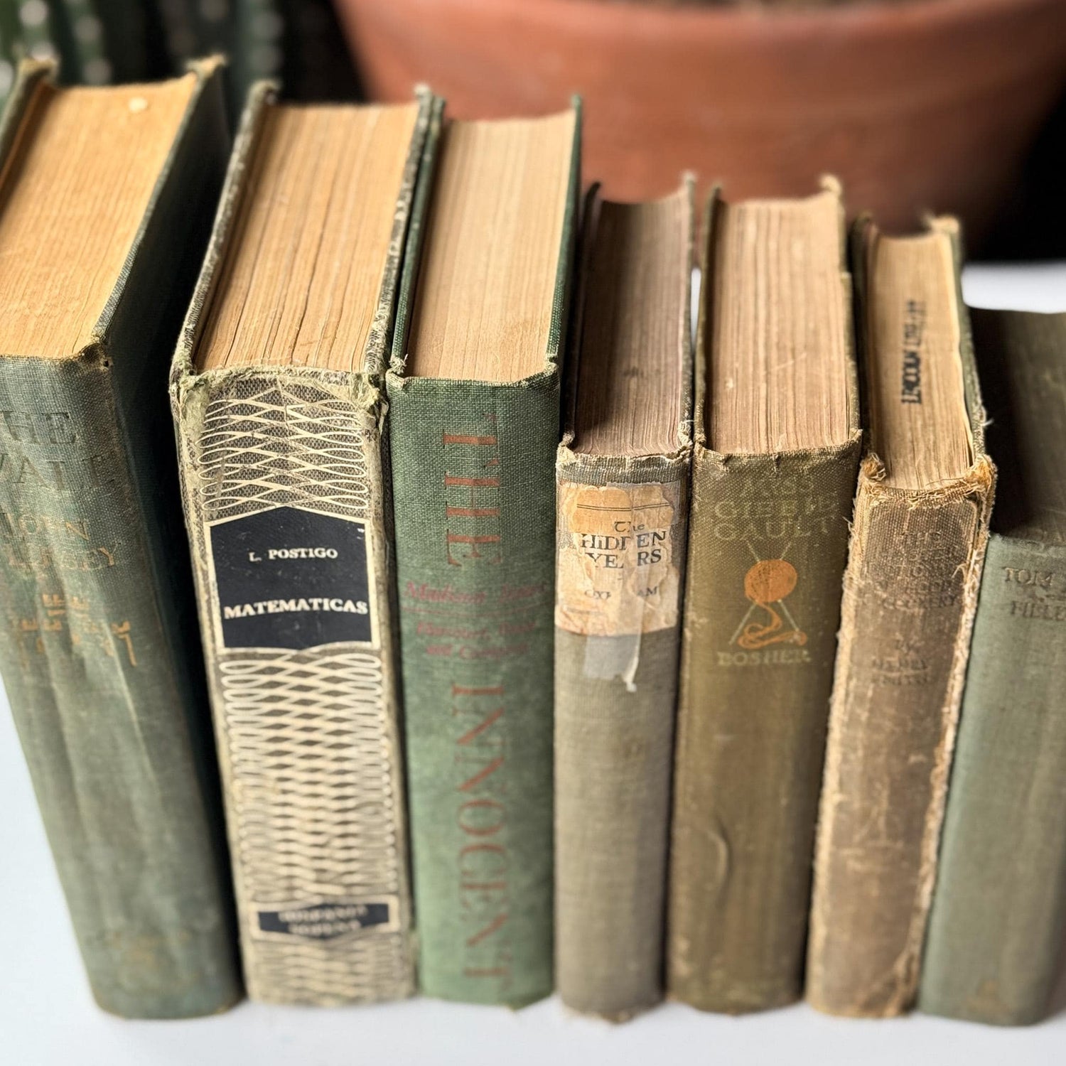 Faded Olive Green Vintage Books for Display - Pretty Old Books