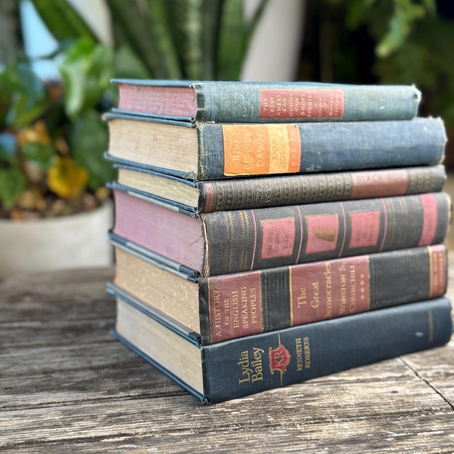 Faded Slate Blue and Coral Book Set for Display, Vintage Shabby Books By Color - Pretty Old Books