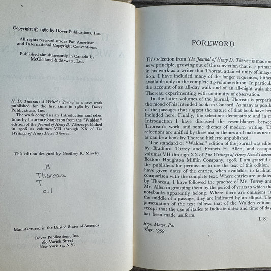 H. D. Thoreau, A Writer's Journal, Laurence Stapleton, 1960 - Pretty Old Books