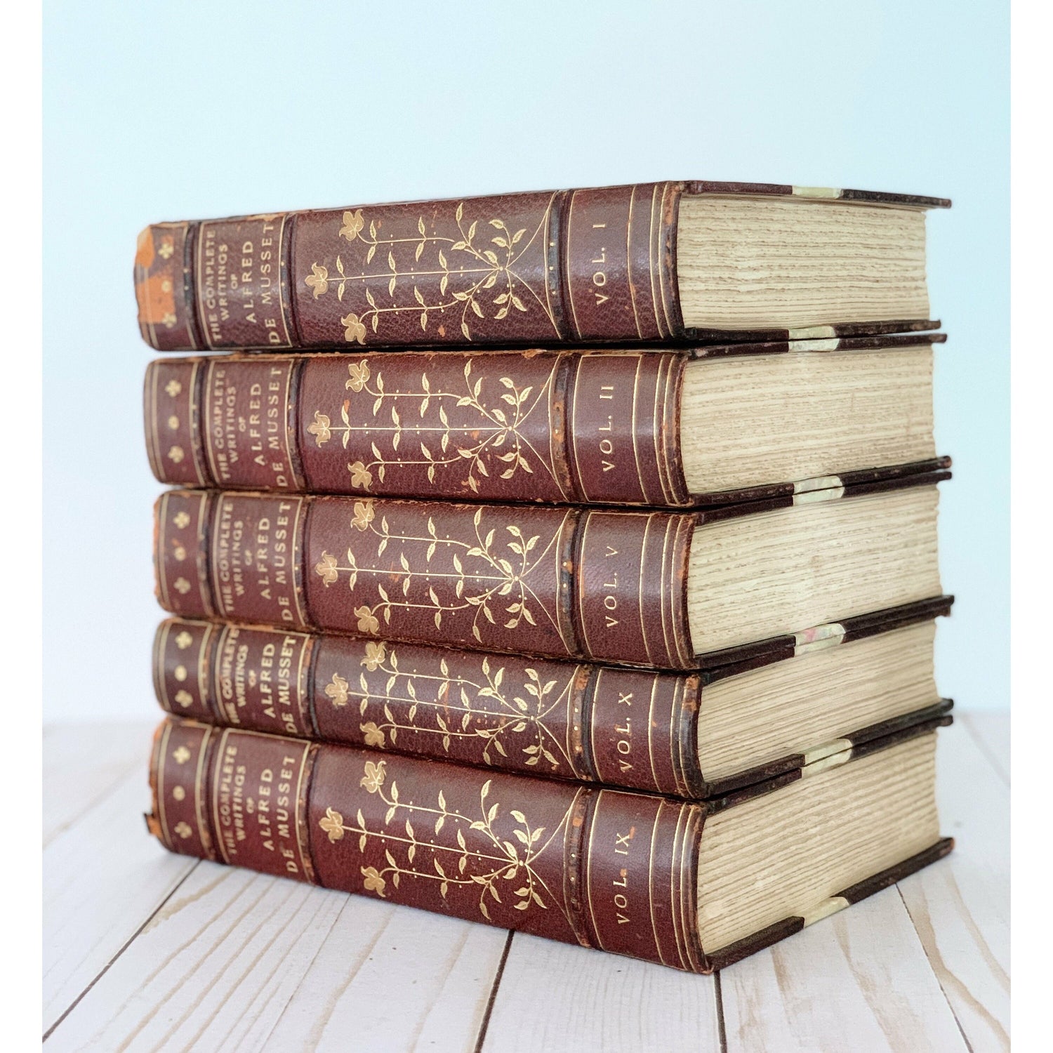 Antique Red Leather Books Alfred De Musset Book Set, Old Books for Bookshelf Decor 1905