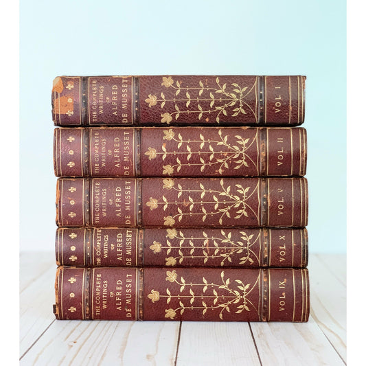 Antique Red Leather Books Alfred De Musset Book Set, Old Books for Bookshelf Decor 1905