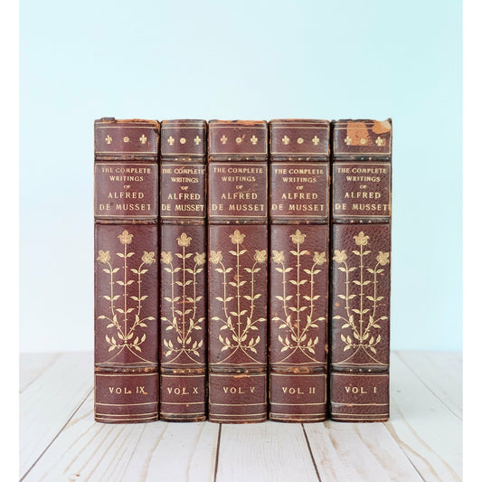 Antique Red Leather Books Alfred De Musset Book Set, Old Books for Bookshelf Decor 1905