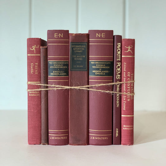 Dark Red Vintage Book Bundle, Maroon Decorative Books, Rainbow Bookshelf, Aesthetic Books