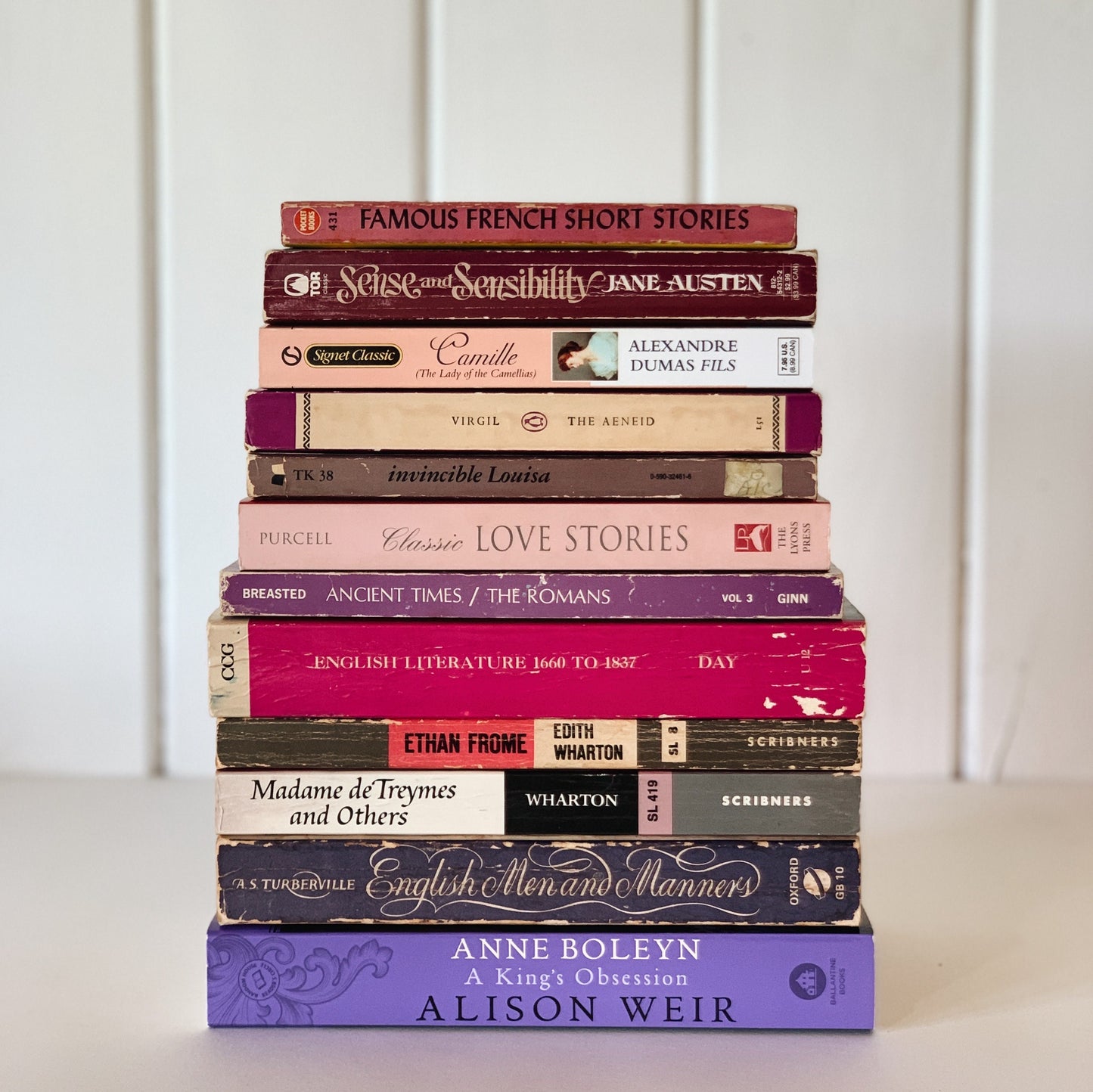 Pink and Purple Paperback Vintage Classic Book Bundle,Shabby Chic Pink Shelf Decor, Farmhouse Bookshelf Decor