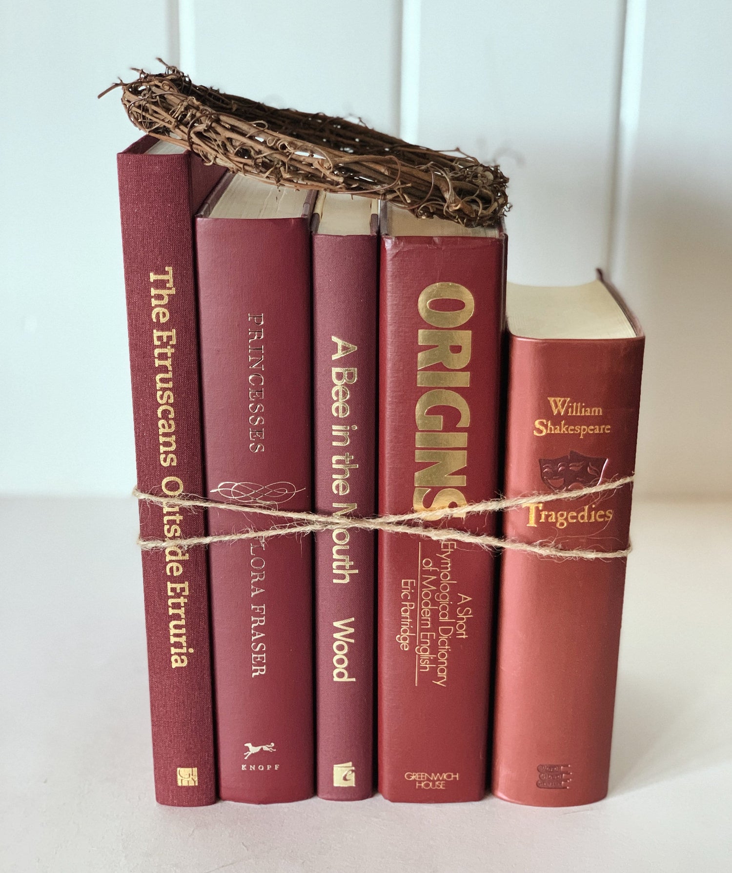 Dark Red Vintage Book Bundle, Maroon Decorative Books, Rainbow Bookshelf, Aesthetic Books