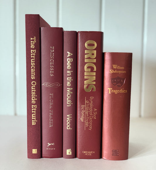 Dark Red Vintage Book Bundle, Maroon Decorative Books, Rainbow Bookshelf, Aesthetic Books