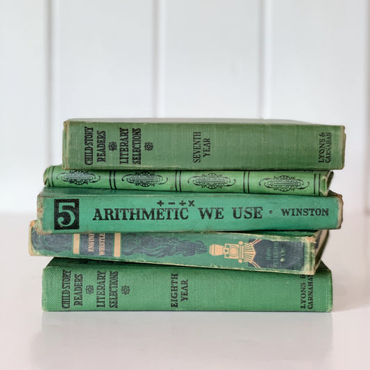 Green Antique and Vintage School Book Set, Farmhouse Playroom Decor, Old Shabby Distressed Green Book Set