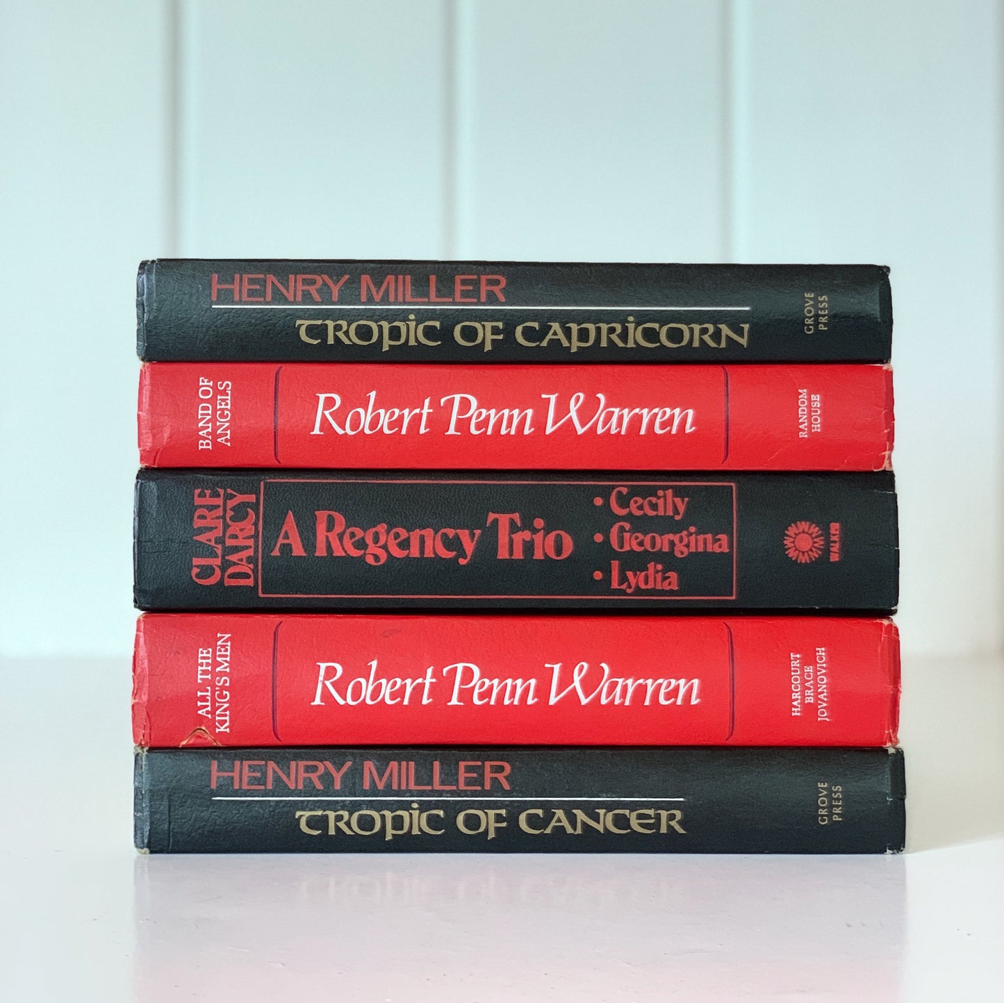 Red and Black 1970s Retro Novel Book Set, Robert Penn Warren, Henry Miller, Clare Darcy