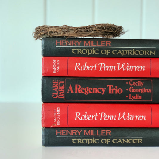 Red and Black 1970s Retro Novel Book Set, Robert Penn Warren, Henry Miller, Clare Darcy