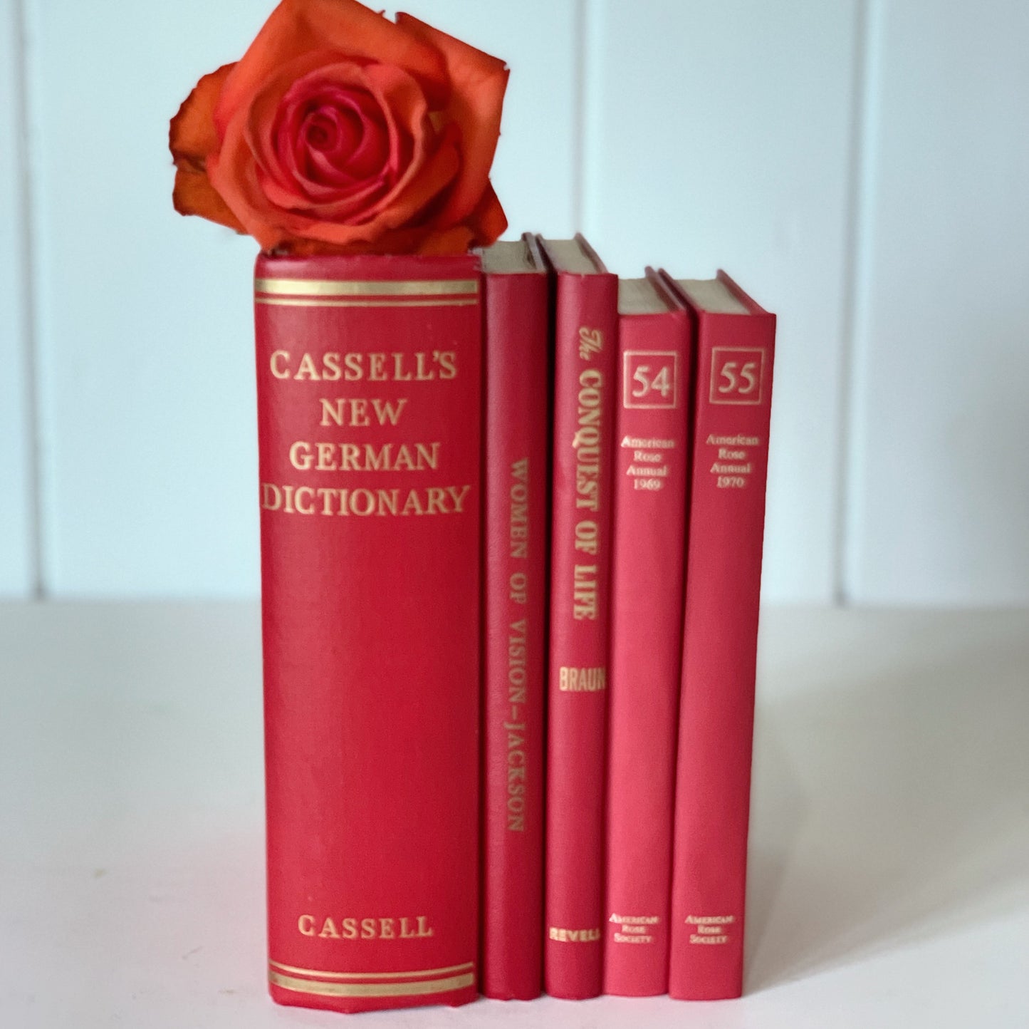 Vintage Red and Gold Book Bundle for Decor, Bright Ornate Books for Shelf Styling