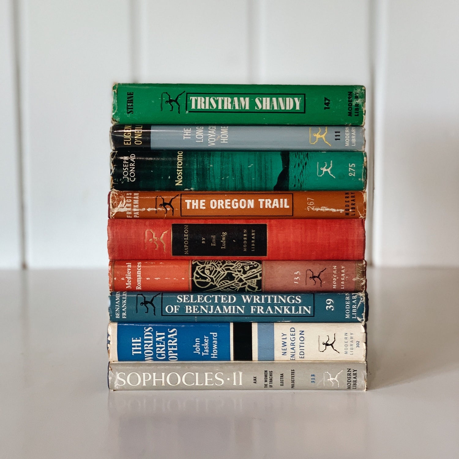 Modern Library Book Set, Mid-Century Vintage Book Set for Shelf Styling, Gray Blue Red