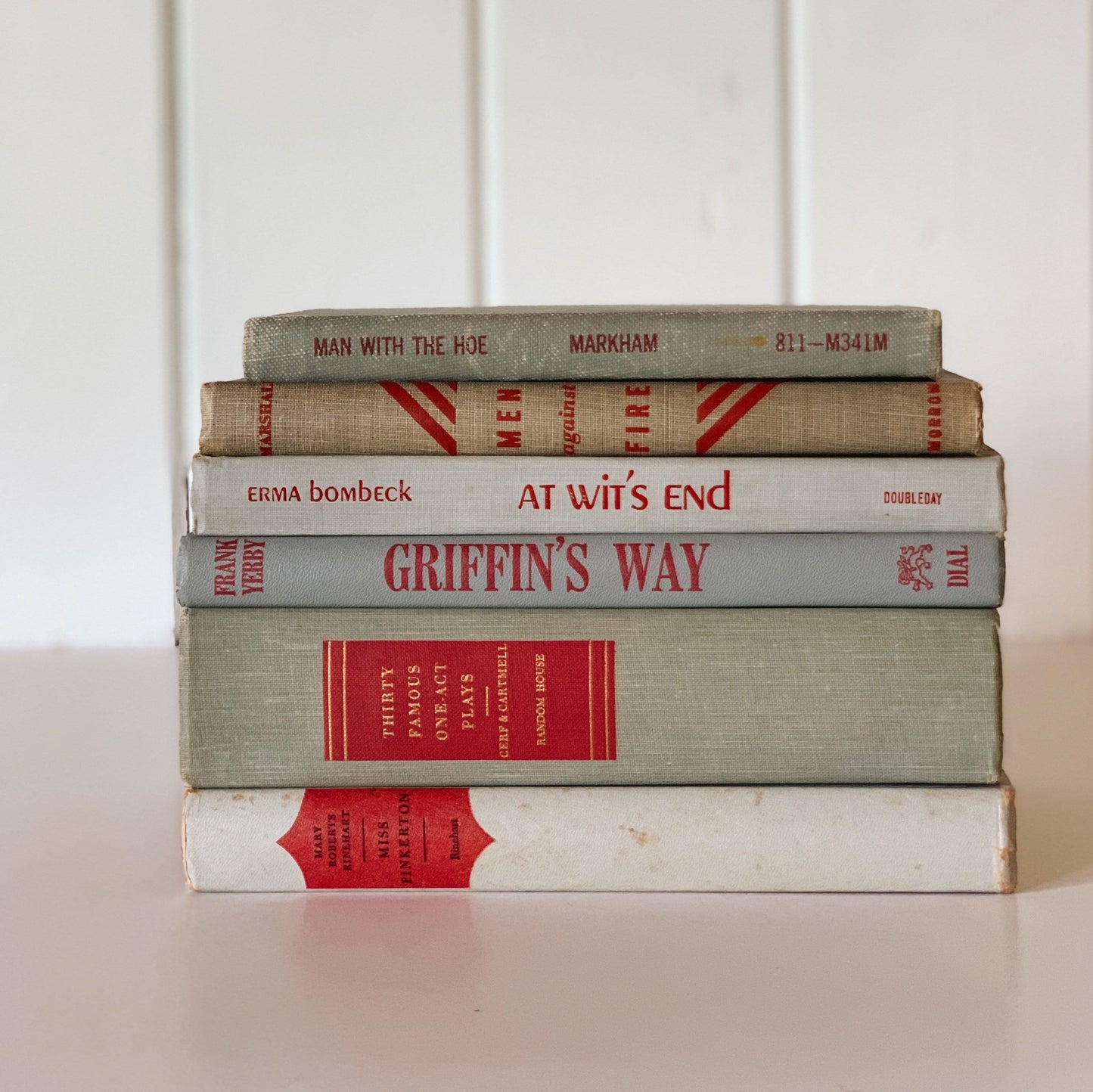 Bookshelf Decor, Decorative Books, Gray and Red Book Set, Mid-Century Modern