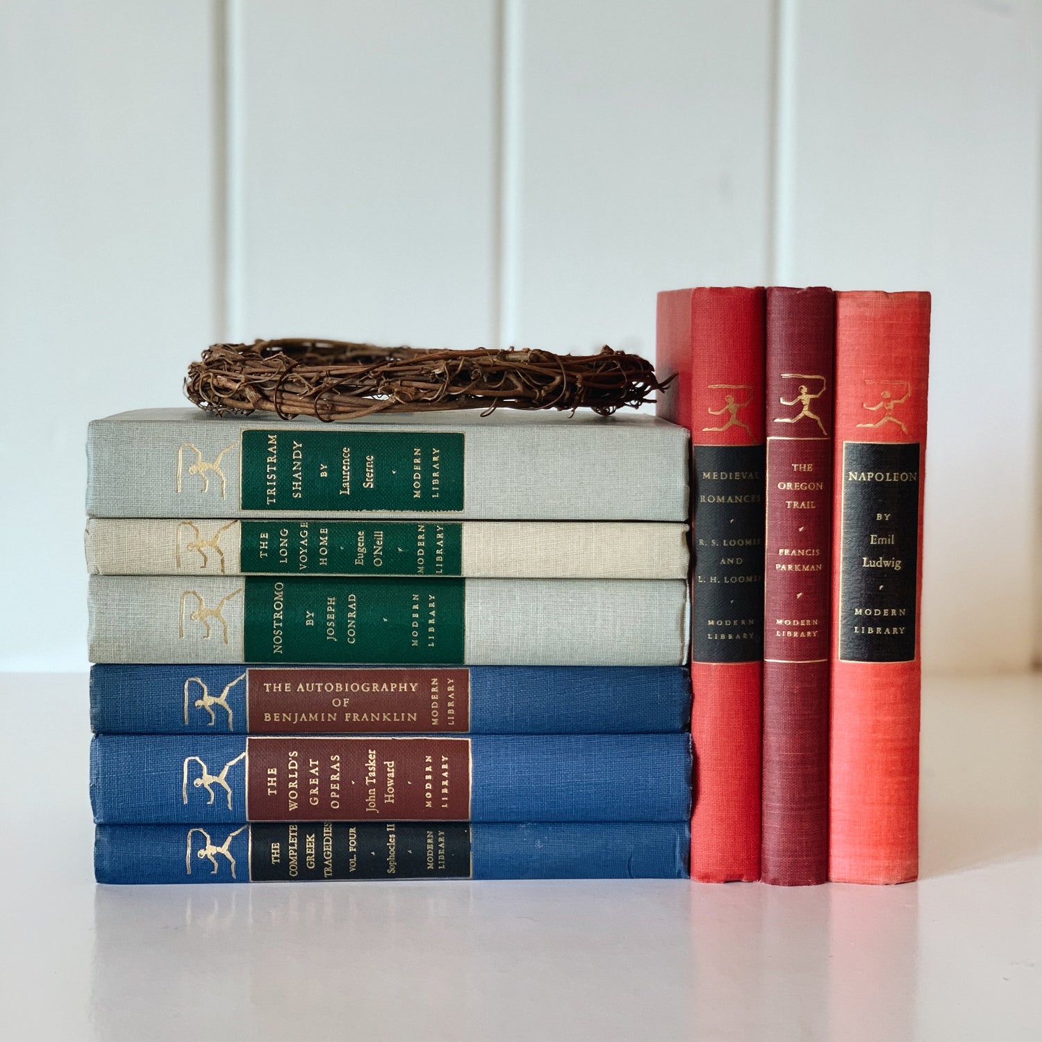 Modern Library Book Set, Mid-Century Vintage Book Set for Shelf Styling, Gray Blue Red