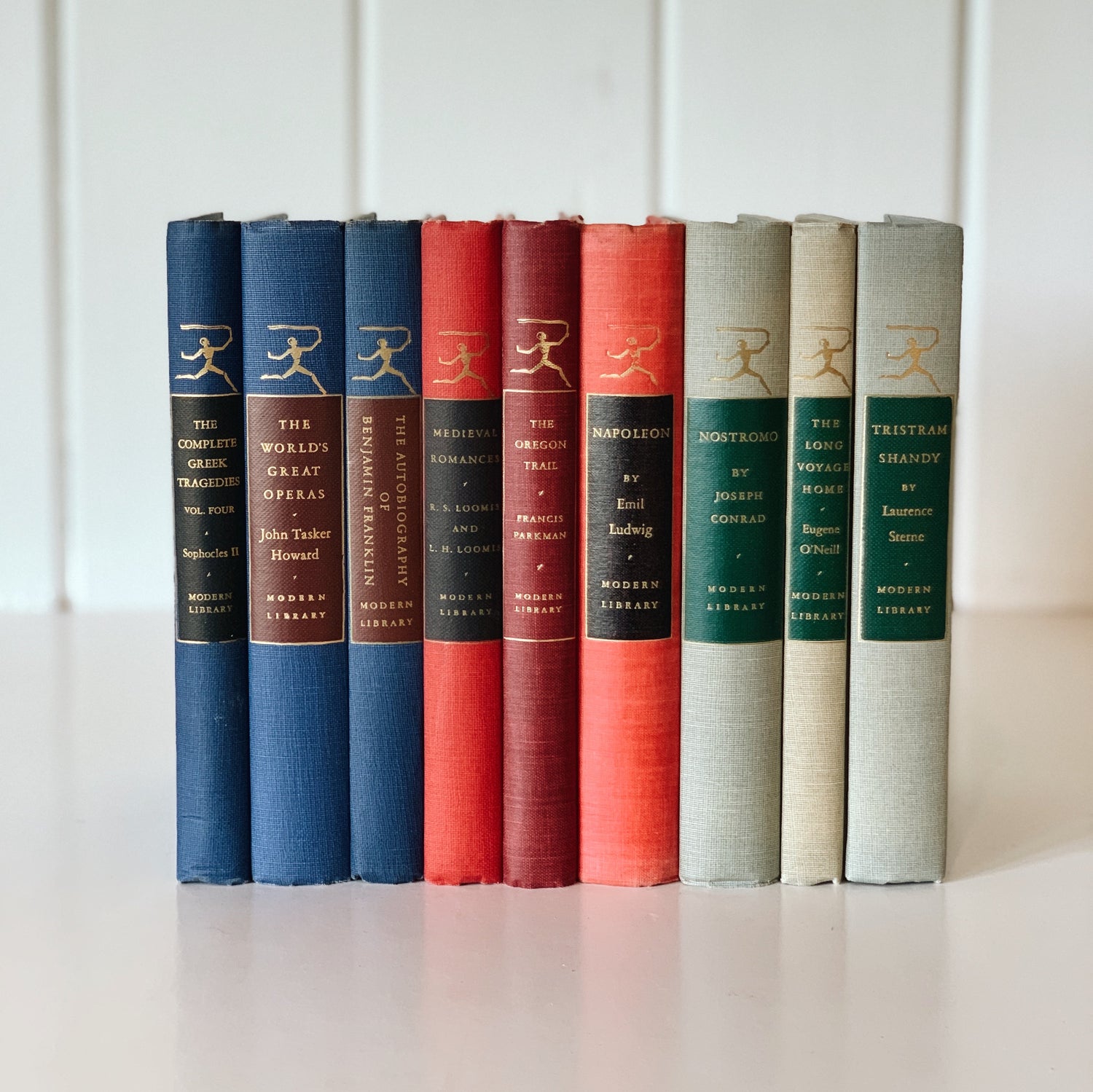 Modern Library Book Set, Mid-Century Vintage Book Set for Shelf Styling, Gray Blue Red