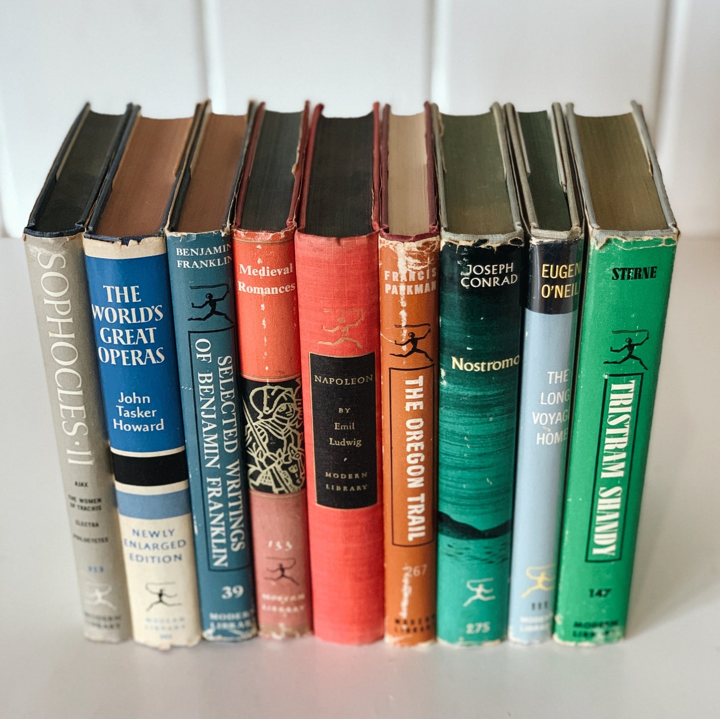 Modern Library Book Set, Mid-Century Vintage Book Set for Shelf Styling, Gray Blue Red