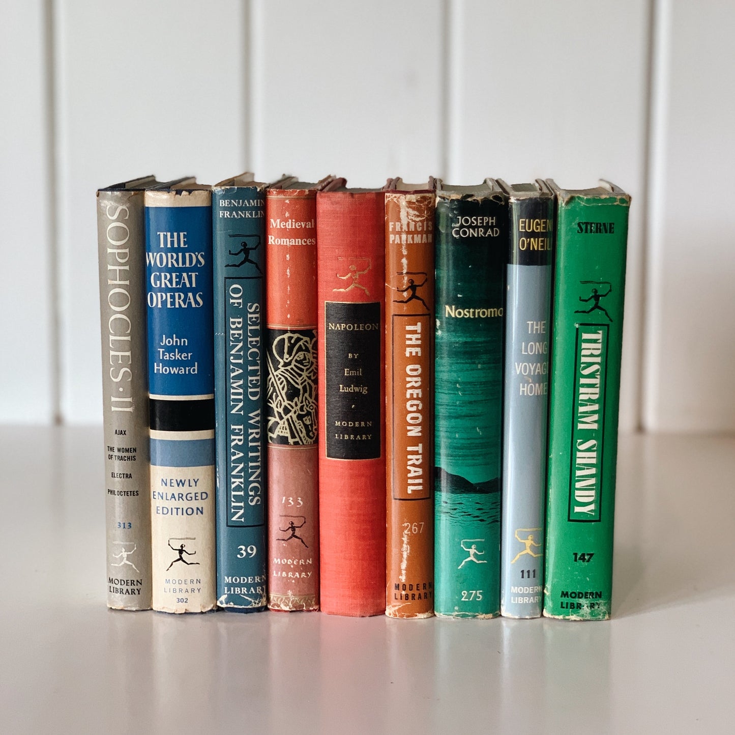 Modern Library Book Set, Mid-Century Vintage Book Set for Shelf Styling, Gray Blue Red