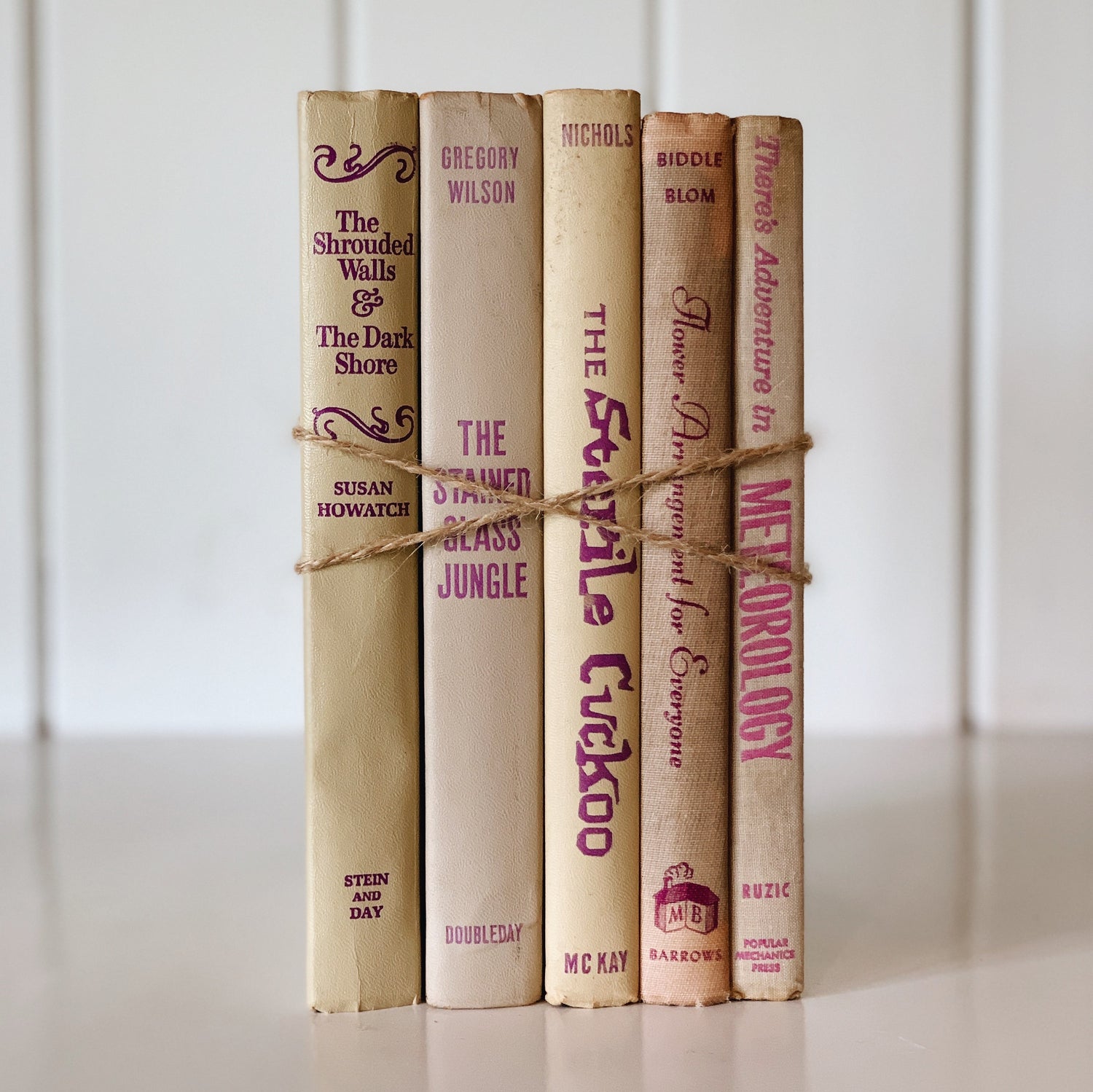 Purple Decorative Books, Vintage Book Set With Purple Lettering for Decor