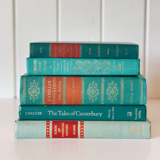 Vintage Teal Green Large Book Collection for Shelf Styling, Vintage Book Set