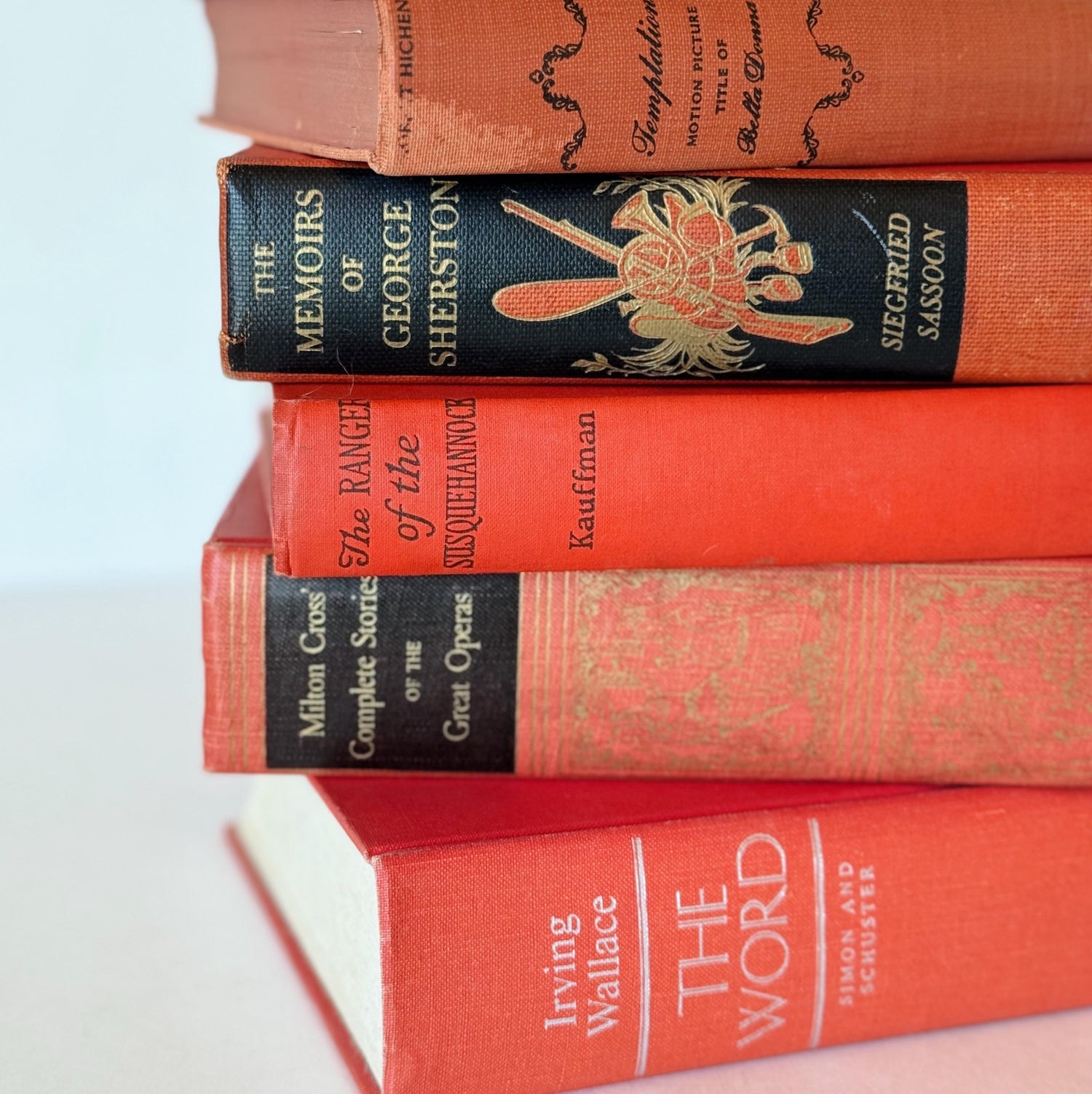 Vintage Mid-Century Modern Coral Red and Black Books for Shelf Styling