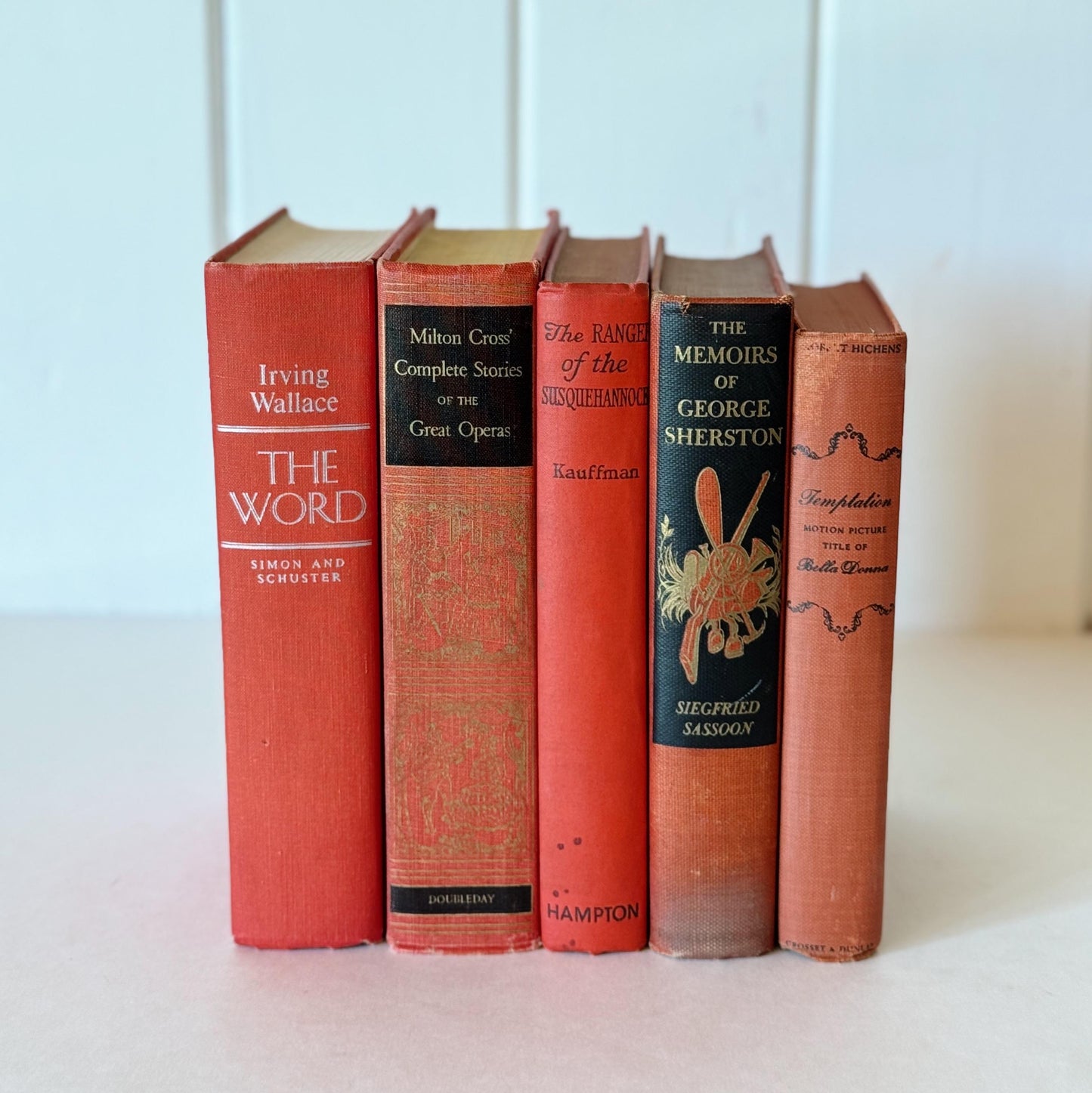 Vintage Mid-Century Modern Coral Red and Black Books for Shelf Styling