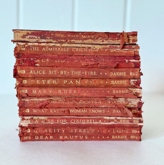 Antique Heavily Distressed J.M. Barrie Book Set, Red Leather Books for Shelf Styling