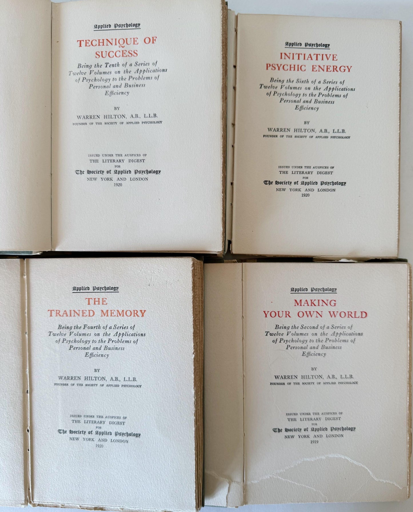 Antique Small Shabby Psychology Books For Shelf Styling, Distressed Applied Psychology Set, 1920