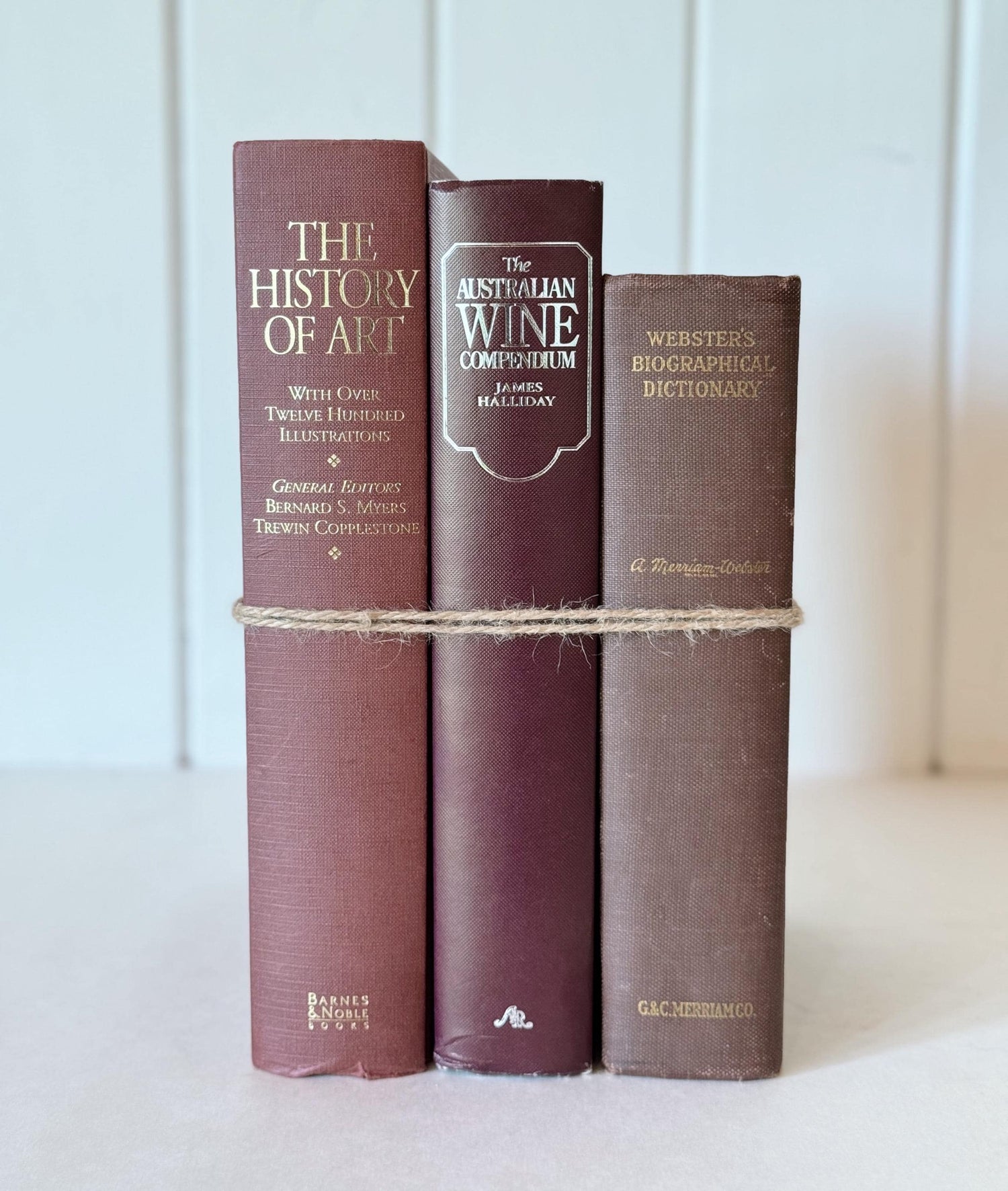 Large Maroon Red and Brown Vintage Reference Book Bundle for Shelf Styling, Old Books on Wine, Art, Biographies