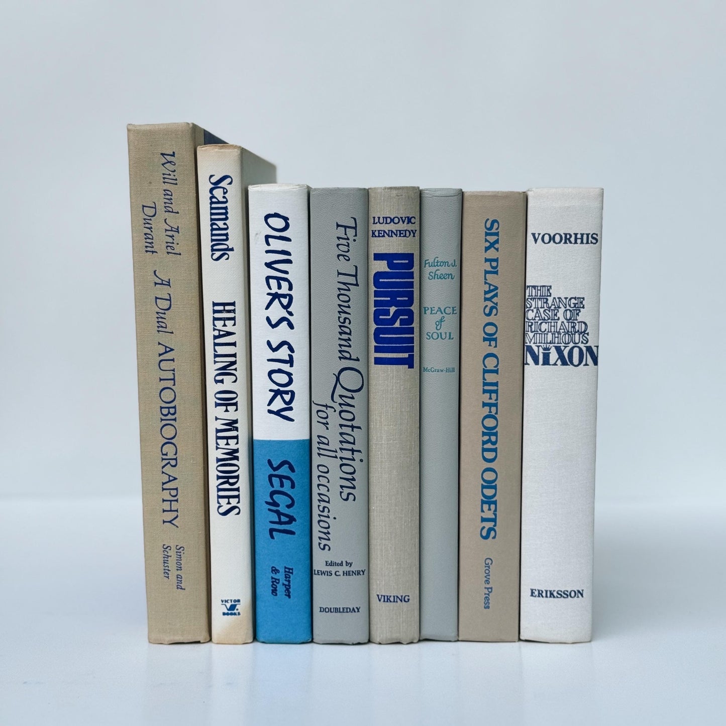 Beige, White, and Blue Vintage Books for Decor, Vintage Book Set for Shelf Styling