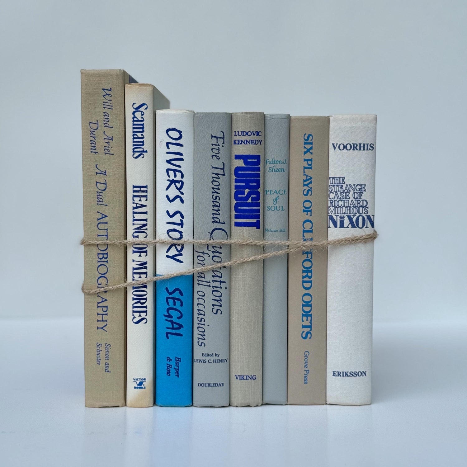 Beige, White, and Blue Vintage Books for Decor, Vintage Book Set for Shelf Styling