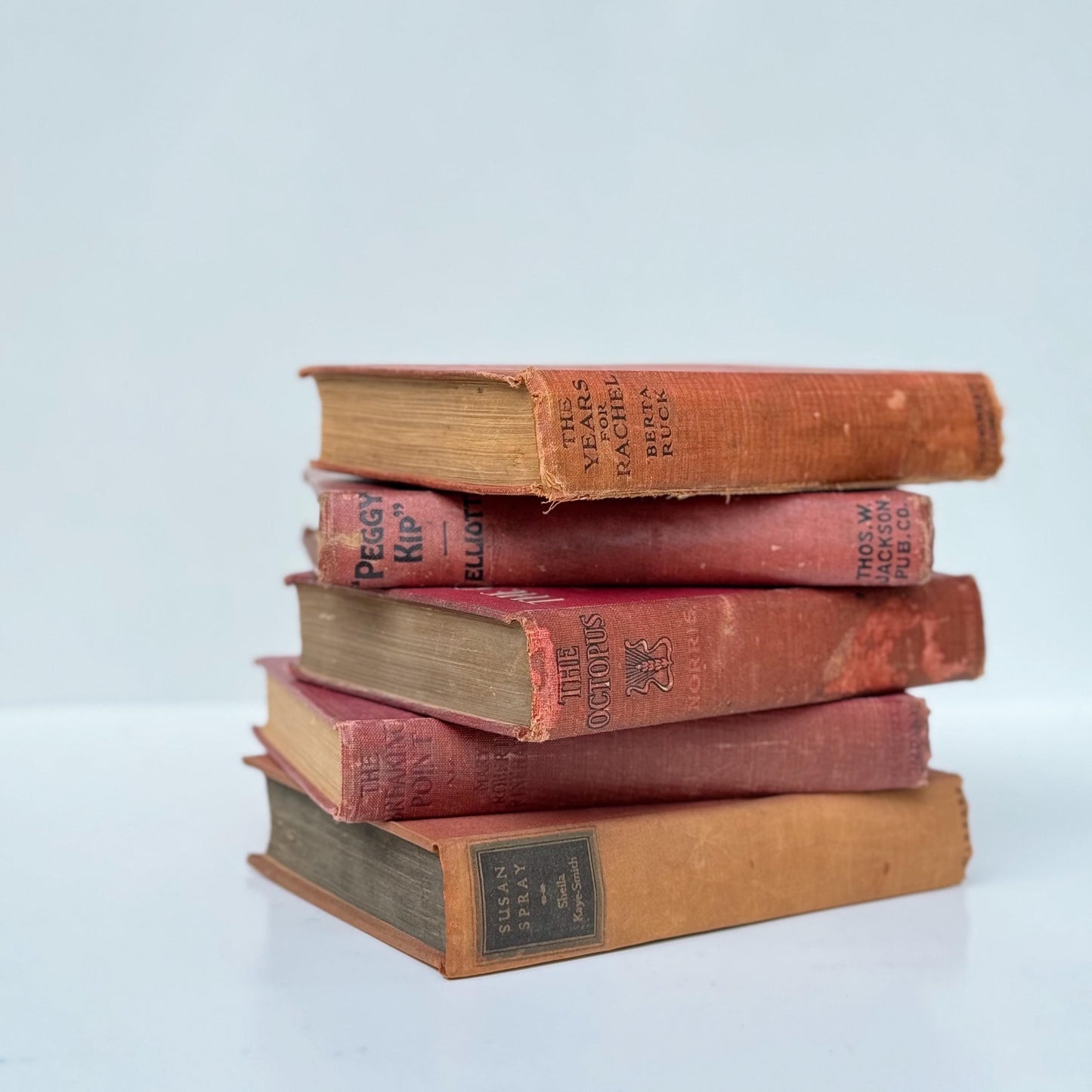 Red Antique Books, Shabby Book Set for Shelf Styling