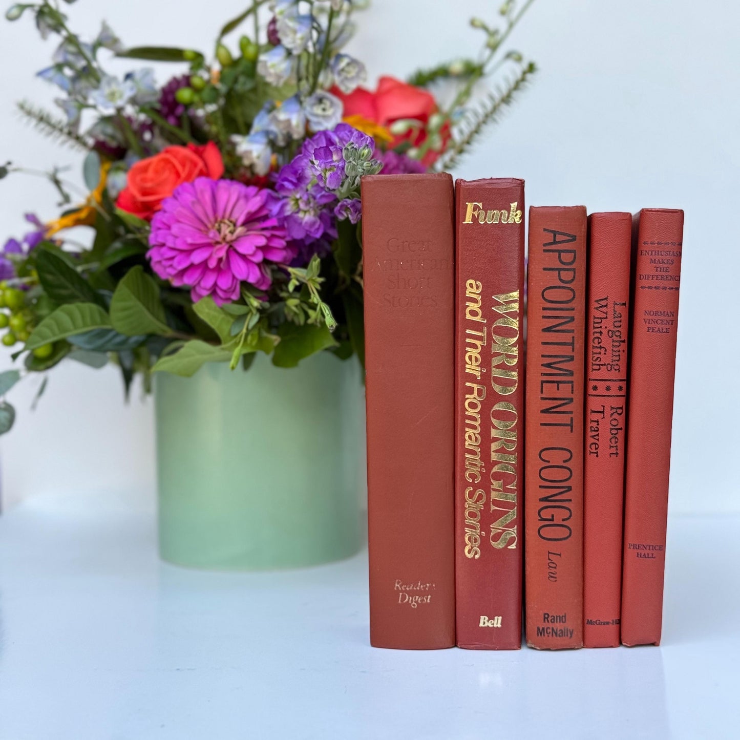 Mid-Century Vintage Terra Cotta Coral Books for Display, Library and Office Decor