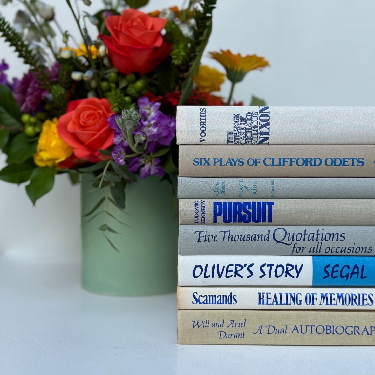 Beige, White, and Blue Vintage Books for Decor, Vintage Book Set for Shelf Styling