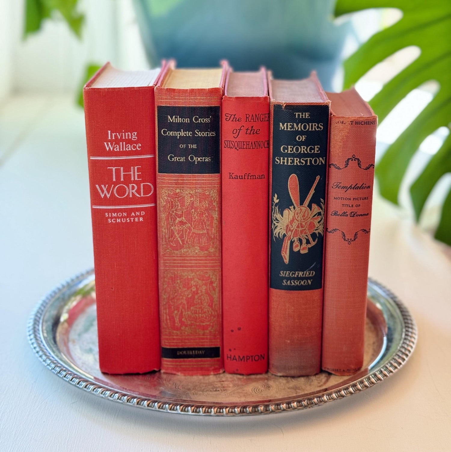 Vintage Mid-Century Modern Coral Red and Black Books for Shelf Styling