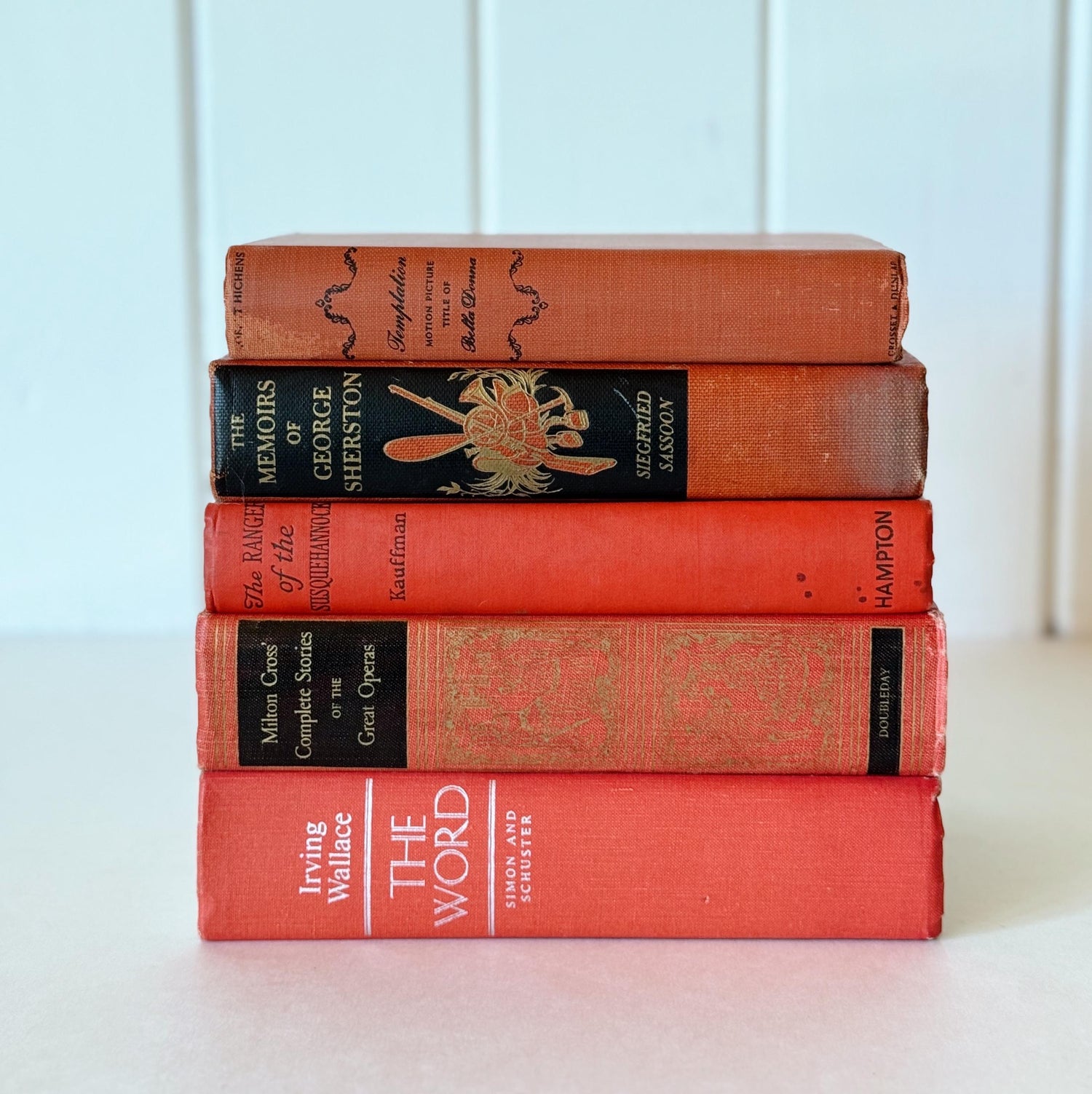 Vintage Mid-Century Modern Coral Red and Black Books for Shelf Styling