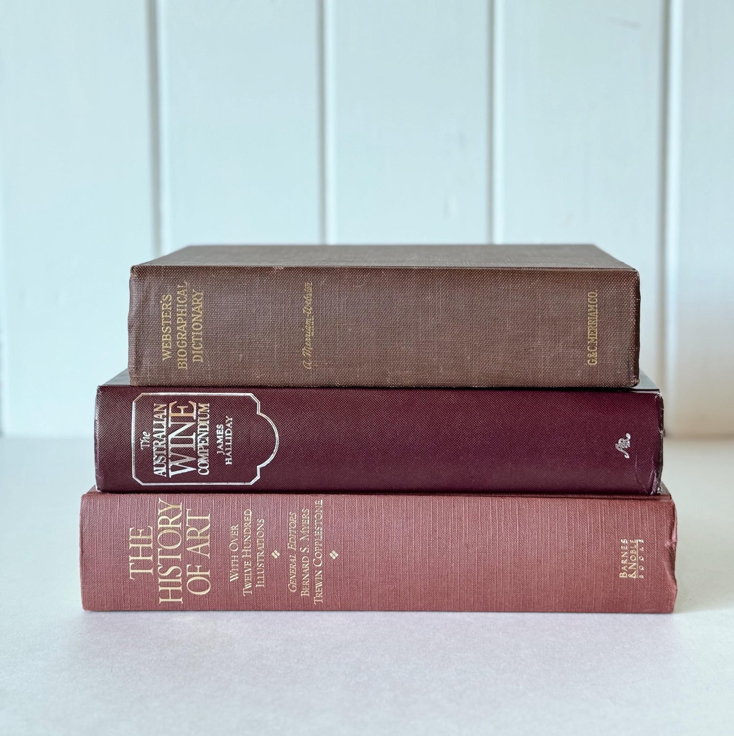 Large Maroon Red and Brown Vintage Reference Book Bundle for Shelf Styling, Old Books on Wine, Art, Biographies