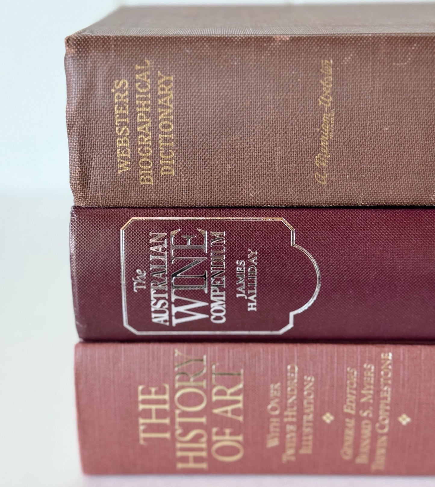 Large Maroon Red and Brown Vintage Reference Book Bundle for Shelf Styling, Old Books on Wine, Art, Biographies