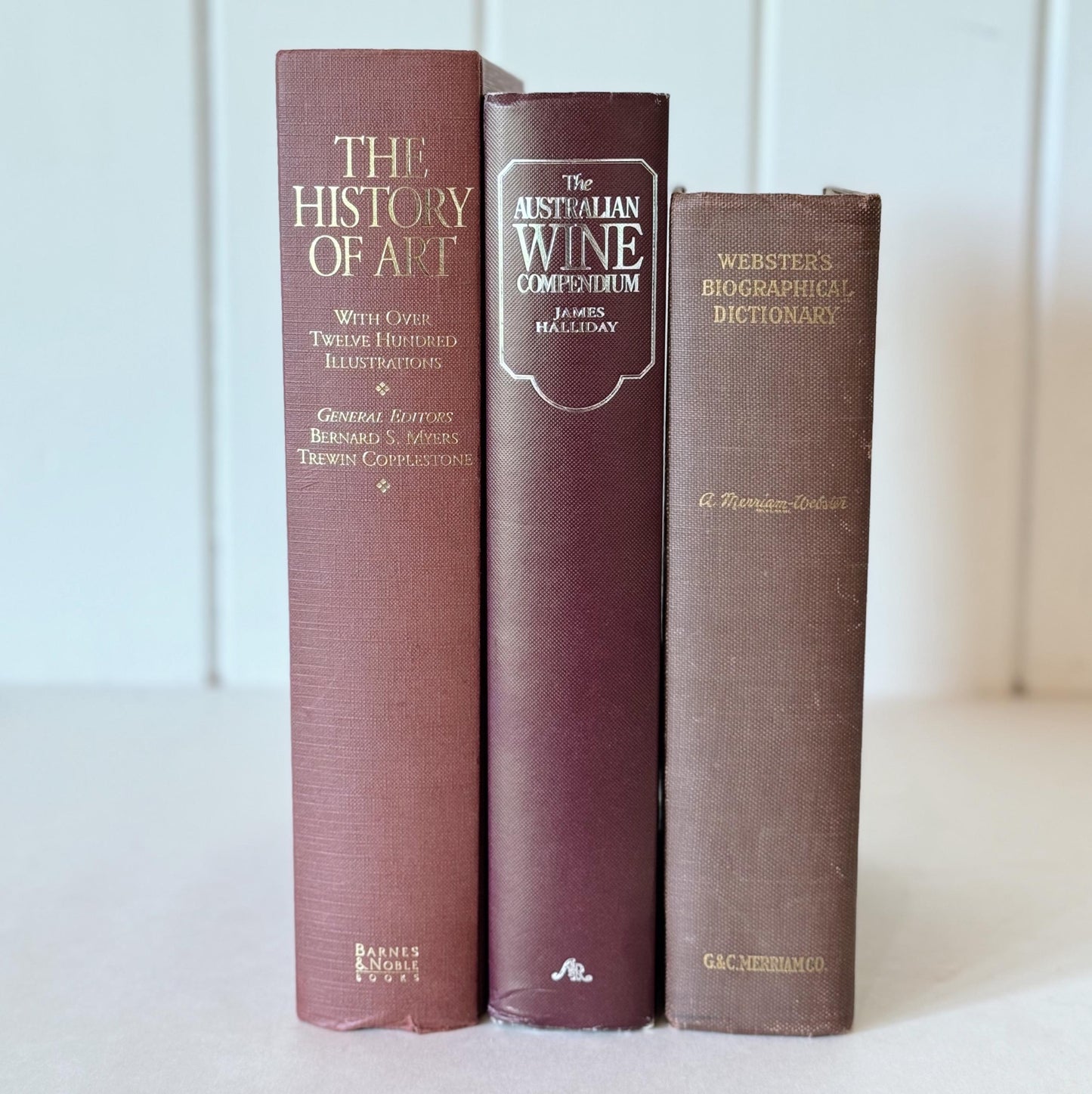 Large Maroon Red and Brown Vintage Reference Book Bundle for Shelf Styling, Old Books on Wine, Art, Biographies