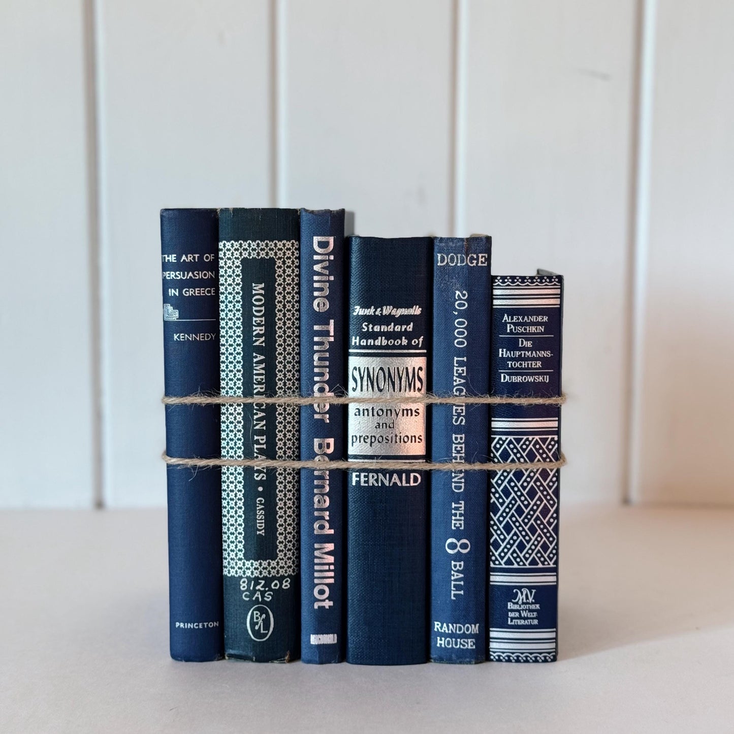 Dark Blue and Silver Vintage Book Set for Decor, Ornate Book Set