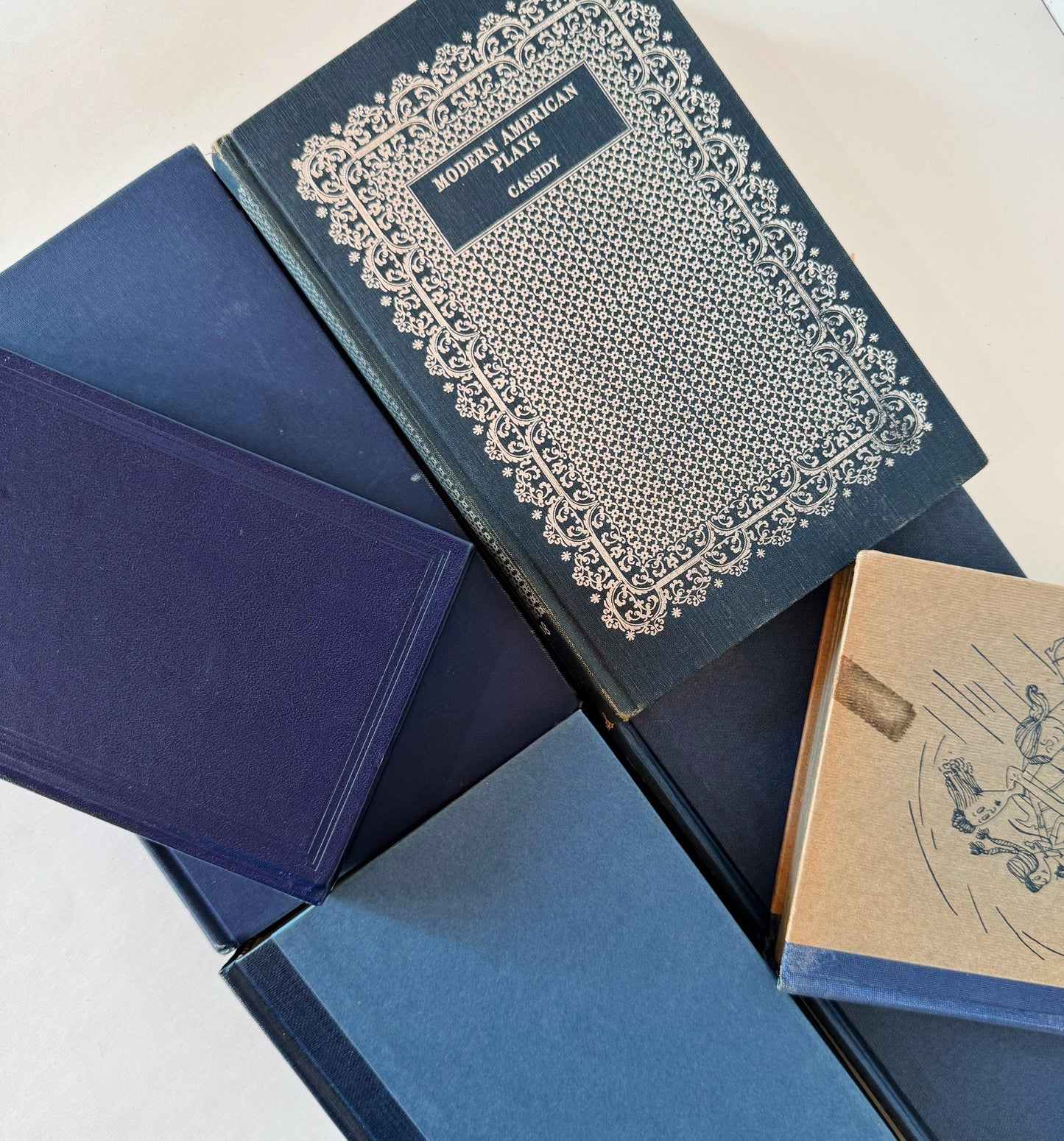 Dark Blue and Silver Vintage Book Set for Decor, Ornate Book Set